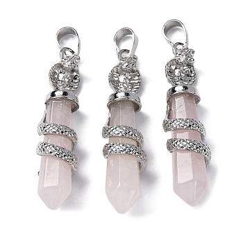 Natural Rose Quartz Pendants, Brass Charms, Lead Free & Cadmium Free, 46~47x11~12x11mm, Hole: 8x5mm