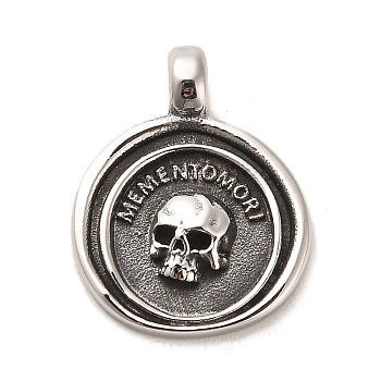 Tibetan Style 304 Stainless Steel Pendants, Flat Round with Skull, Antique Silver, 22.5x18x4mm, Hole: 3mm