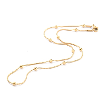 304 Stainless Steel Round Snake Chain Necklaces, with Round Beads and Lobster Claw Clasps, Golden, 16.53 inch(42cm), 1.3mm