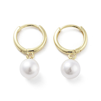 Brass Hoop Earrings, Plastic Pearl Drop Earrings, Long-Lasting Plated, Lead Free & Cadmium Free, Real 18K Gold Plated, 25x8mm