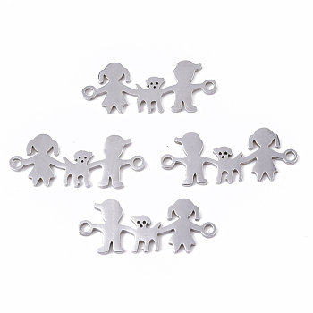 201 Stainless Steel Links connectors, Laser Cut, Girl with Boy and Dog, Stainless Steel Color, 10x24x1mm, Hole: 1.5mm
