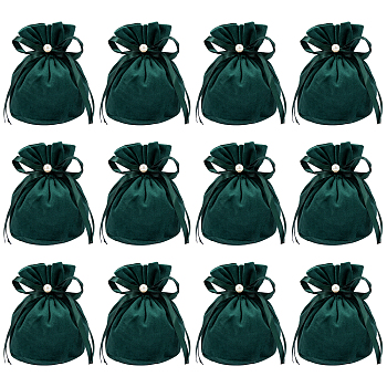 Velvet Jewelry Bags with Drawstring & Plastic Imitation Pearl, Velvet Cloth Gift Pouches, Dark Green, 13.2x14x0.4cm