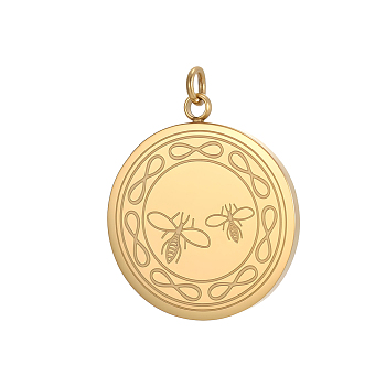 304 Stainless Steel Pendants, Flat Round with Bees Charm,  Ion Plating(IP), Real 14K Gold Plated, Long-Lasting Plated, Real 14K Gold Plated, 23x20mm, Hole: 1mm