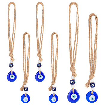 Elite 6Pcs Handmade Lampwork Evil Eye Pendants Decoration, with Opaque Acrylic Beads, Jute Twine & Resin European Bead, Blue, 220~225mm