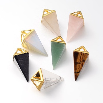 Natural & Synthetic Mixed Stone Point Pendulum Pendants, with Golden Plated Brass Findings, 30~34x15x15mm, Hole: 5x6mm