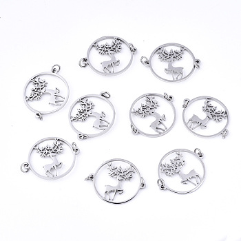 304 Stainless Steel Links Connectors, Laser Cut, Flat Round with Christmas Reindeer/Stag, Stainless Steel Color, 14x17x1mm, Jump Ring: 3x0.4mm, 2.2mm inner diameter