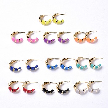 Brass Enamel Stud Earrings, Real 18K Gold Plated Half Ring Jewelry for Women, Mixed Color, 20.5x15.5x9mm, Pin: 1mm