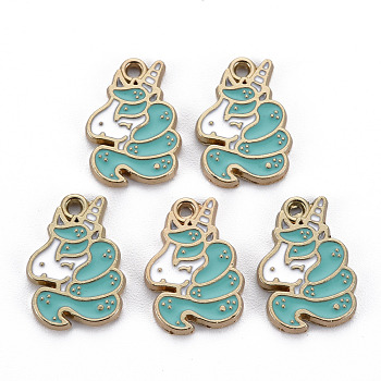 Alloy Enamel Pendants, Light Gold, Cadmium Free & Nickel Free & Lead Free, Unicorn, Medium Turquoise, 17x12x1.5mm, Hole: 1.4mm