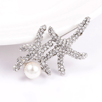 Alloy Rhinestone Starfish/Sea Stars Safety Brooches, with Acrylic Pearls, Platinum, 32x52mm