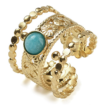 Natural Amazonite Finger Rings, 304 Stainless Steel Multi-layer Open Cuff Rings, Real 18K Gold Plated, 19.5mm, Adjustable