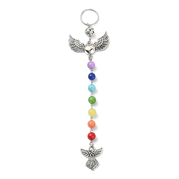 Wing Alloy Pendant Keychains, with 7 Chakra Gemstone Beads for Women Bag Car Key Pendant Decoration, Angel & Fairy, 18.6x4.45cm