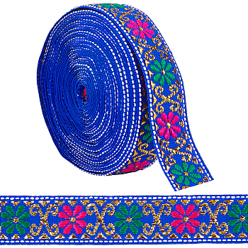 7M Flat Ethnic Style Polyester Ribbon, Jacquard Ribbon, Tyrolean Ribbon, Garment Accessories, Blue, 7/8 inch(22mm), about 7.66 Yards(7m)/Roll