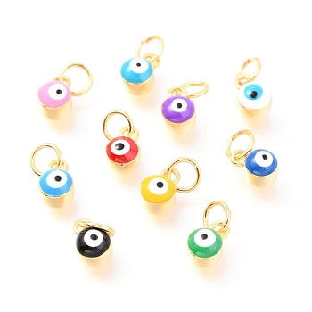 Brass Enamel Pendants, Long-Lasting Plated, Real 18K Gold Plated, with Jump Rings, Column with Evil Eye, Mixed Color, 7x3.5x4.5mm,Jump Ring: 5x0.6mm, 3mm inner diameter.