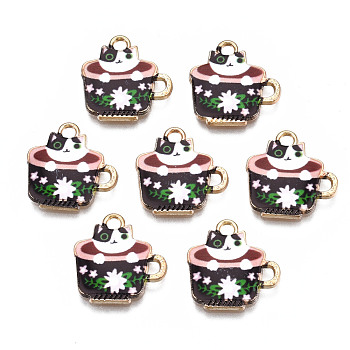 Rack Plating Alloy Enamel Charms, Free & Nickel Free & Lead Free, Cup with Cat, Black, 15x15x1.9mm, Hole: 1.8mm