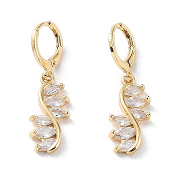 Rack Plating Golden Brass Dangle Leverback Earrings, with Cubic Zirconia, Leaf, 34x10mm