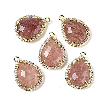 Natural Strawberry Quartz Faceted Teardrop Pendants, Rack Plating Brass Micro Pave Clear Cubic Zirconia Charms, Golden, Rack Plating, 20.5x15x5.5mm, Hole: 1.4mm