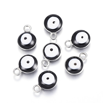 304 Stainless Steel Enamel Charms, Flat Round with Evil Eye, Stainless Steel Color, Black, 8.5x6x4mm, Hole: 1mm