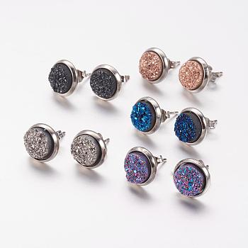 Druzy Resin Stud Earrings, with Brass Findings, Flat Round, Platinum, Mixed Color, 10x3~4mm, Pin: 0.7mm