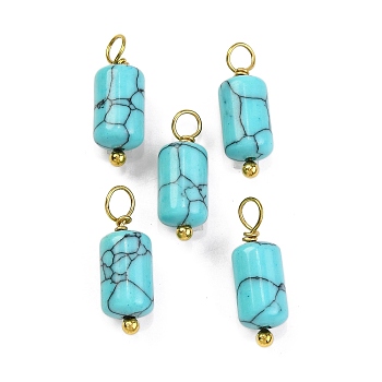 Synthetic Turquoise Cloumn Pendants, Geometric Charms with Golden Tone 304 Stainless Steel Loops, 17.5x6x6mm, Hole: 2mm