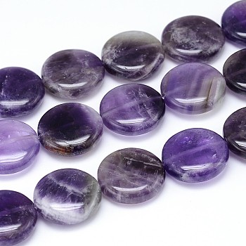 Natural Amethyst Flat Round Bead Strands, 20x7~9mm, Hole: 1mm, about 20pcs/strand, 15.7 inch