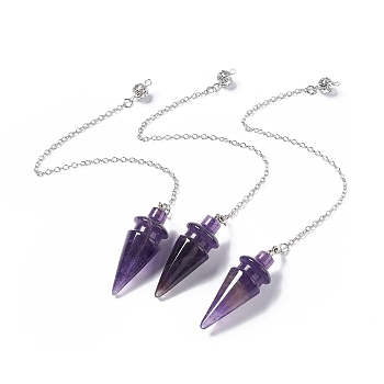 Natural Amethyst Pointed Dowsing Pendulums, with Rack Plating Platinum Plated Brass Findings, Cadmium Free & Lead Free, Cone, 230mm