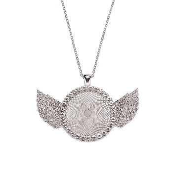 Alloy Big Pendants Cabochon Settings, with Crystal Rhinestone, Cadmium Free & Lead Free, Flat Round with Wing, Platinum, Tray: 30mm, 46x68x4mm, Hole: 5.5x3.5mm