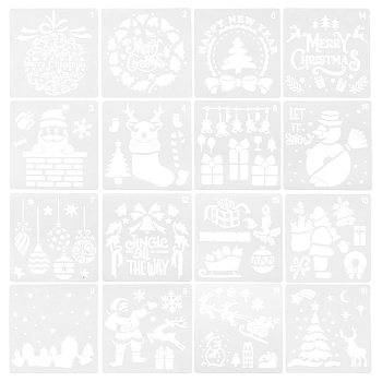 16 Sheets 16 Style PET Drawing Stencil, Drawing Scale Template, For Christmas DIY Scrapbooking, Square, White, 15x15x0.03cm, 1 sheet/style