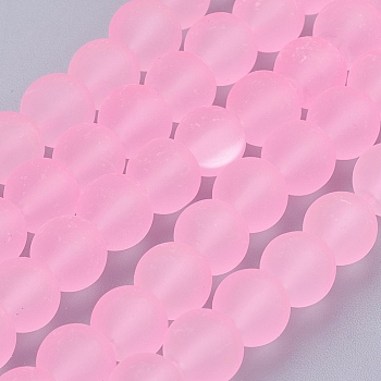 Transparent Glass Bead Strands, Frosted, Round, Pearl Pink, 8mm, Hole: 1.3~1.6mm, about 99pcs/strand, 31.4 inch