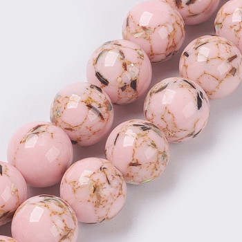 Sea Shell and Synthetic Turquoise Assembled Beads Strands, Round, Misty Rose, 6mm, Hole: 1.2mm, about 65pcs/strand, 15.7 inch(40cm)