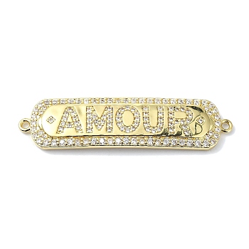 Rack Plating Brass Micro Pave Clear Cubic Zirconia Rectangle Links, Word AMOUR Connector Charms, Long-Lasting Plated, Lead Free & Cadmium Free, Real 18K Gold Plated, 44.5x11.5x3mm, Hole: 1.4mm