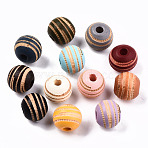Painted Natural Wood Beads, Laser Engraved Pattern, Round with Zebra-Stripe, Mixed Color, 10x8.5mm, Hole: 2.5mm(WOOD-T021-54A-M)