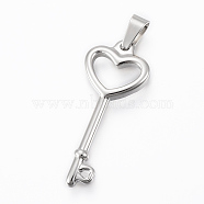 Tarnish Resistant 304 Stainless Steel Pendants, Key, Stainless Steel Color, 36x15x3mm, Hole: 7x3.5mm(STAS-H411-02P)