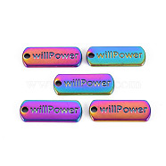 Rainbow Color Alloy Charms, Cadmium Free & Nickel Free & Lead Free, Oval with Willpower, 20x8x2mm, Hole: 1.6mm(PALLOY-S180-242-NR)