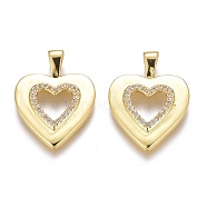 Brass Micro Pave Clear Cubic Zirconia Pendants, Long-Lasting Plated, Real 18K Gold Plated, Heart, 22x16x2.5mm, Hole: 4x1.5mm(ZIRC-Z008-22G)