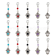 Round Gemstone & Alloy Hamsa Hand Pendant Decoration, with Lobster Claw Clasps, 41mm, 5 colors, 1pc/color, 5pcs/set(HJEW-AB00357)