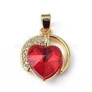 Real 18K Gold Plated Rack Plating Brass Micro Pave Clear Cubic Zirconia Pendants, with Glass, Long-Lasting Plated, Cadmium Free & Lead Free, Heart Charm, Red, 21x17.5x8mm, Hole: 5x3mm(KK-C015-20G-08)
