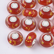 Handmade Lampwork European Beads, Large Hole Beads, with Silver Color Plated Brass Single Cores, Rondelle, Red, 14x7.5mm, Hole: 4mm(X-LAMP-S193-003B)