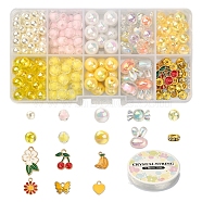 DIY Cute Stretch Bracelet Making Kit, Including Imitation Pearl & Candy Acrylic Beads, Banana & Cherry & Flower & Heart & Butterfly Alloy Enamel Pendants, Yellow(DIY-YW0005-77C)