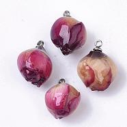 Handmade Natural Real Rose Dried Flower Pendants, Covered with Clear Epoxy Resin, with 304 Stainless Steel Peg Bails Pendants, Stainless Steel Color, Purple, Stainless Steel Color, 15.5~18x8~12.5x8~11.5mm, Hole: 1.4mm(X-RESI-R424-01)