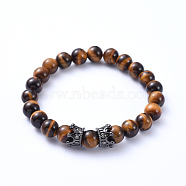 Natural Tiger Eye Stretch Beaded Bracelets, with Brass Micro Pave Cubic Zirconia Crown Beads, Inner Diameter: 2-1/8 inch(5.5cm)(BJEW-JB05175-02)