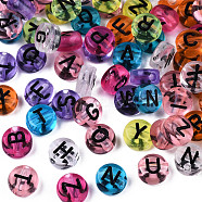 Transparent Mixed Color Acrylic Beads, Horizontal Hole, Flat Round with Black Random Letter, 7x4mm, Hole: 1.8mm, about 3600~3700pcs/500g(MACR-T038-08)