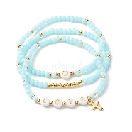 Glass Beads Stretch Bracelets Sets, with Acrylic & Brass Beads, 304 Stainless Steel Cross Charms, Love, Light Sky Blue, Inner Diameter: 2-1/4 inch(5.7cm), 3pcs/set(BJEW-JB06575-03)