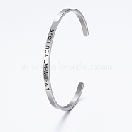 304 Stainless Steel Cuff Bangles, with Enamel & Word Live What You Love, Stainless Steel Color, 2-1/2 inchx2 inch(62x52mm)(BJEW-K173-17P)