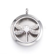 316 Surgical Stainless Steel Diffuser Locket Pendants, with Perfume Pad and Magnetic Clasps, Flat Round with Dragonfly, Stainless Steel Color, 36.5~37x30x6~6.5mm, Hole: 5mm, Inner Diameter: 23mm, 12Color/Set(STAS-H342-24P)
