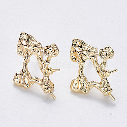 Brass Stud Earring Findings, with Loop, Nickel Free, Real 18K Gold Plated, Bumpy, 21x16mm, Hole: 1mm, Pin: 0.8mm(KK-T049-06G-NF)