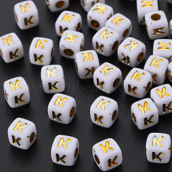 Opaque White Acrylic Beads, Metal Enlaced, Cube with Letters, Letter.K, 4.5mm, Hole: 2mm, about 500pcs/50g(X-MACR-Q242-010K)