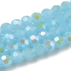 Imitation Jade Glass Beads Strands, Faceted, Round, Sky Blue, 8x7~7.5mm, Hole: 1.2mm, about 65~67pcs/strand, 19.49~19.69''(49.5~50cm)(EGLA-A035-J8mm-L04)