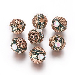 Handmade Indonesia Beads, with Rhinestone and Brass Findings, Round, Light Gold, Dark Slate Gray, 16.5~18.3x16x16.5mm, Hole: 1.8mm(IPDL-F027-05D)