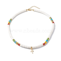 Polymer Clay Beaded Necklaces, with Brass Cross Pendant and Evil Eye Lampwork Round Beads, White, 18.50 inch(470mm)(NJEW-JN03579)