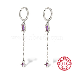 Anti-Tarnish Rhodium Plated Platinum 925 Sterling Silver Hoop Earrings, Rhinestone Horse Eye Tassel Earrings, with 925 Stamp, Medium Purple, 49x11mm(IL1046-05)